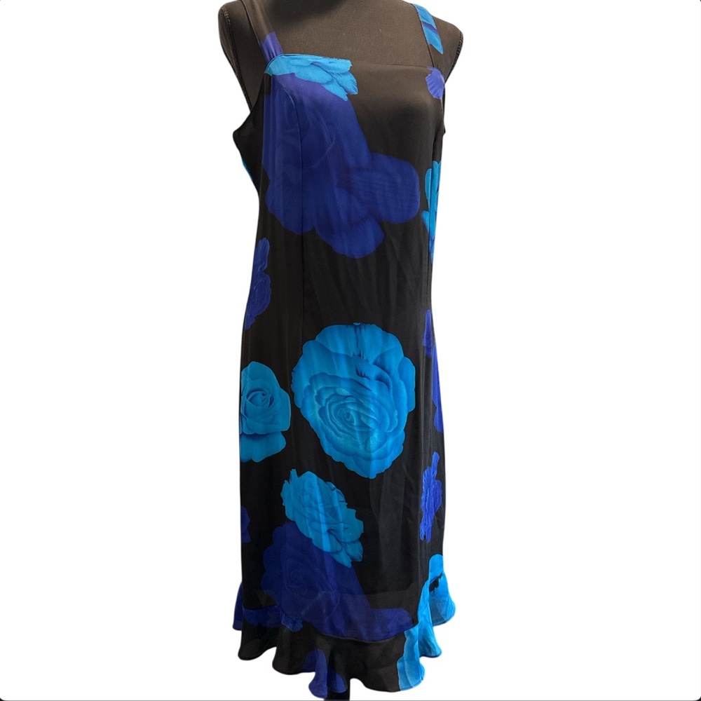 Mint Julep Vintage Y2K black & aqua floral print sleeveless shift dress Size 9